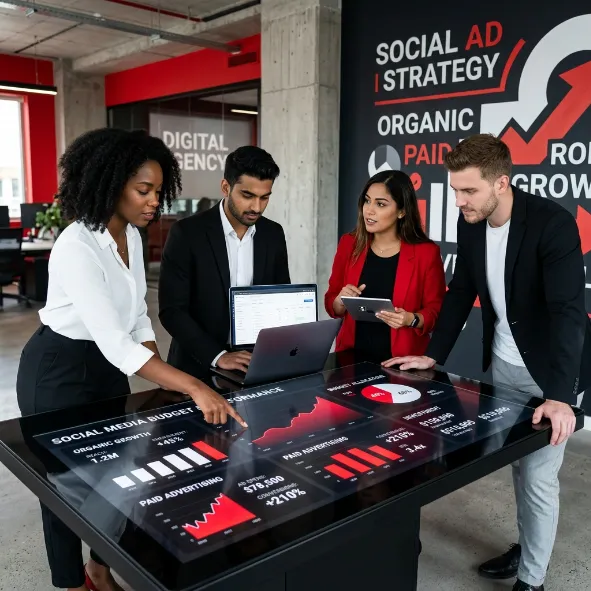 Equipo de profesionales en una oficina analizando un panel interactivo táctil con métricas de presupuesto de redes sociales.