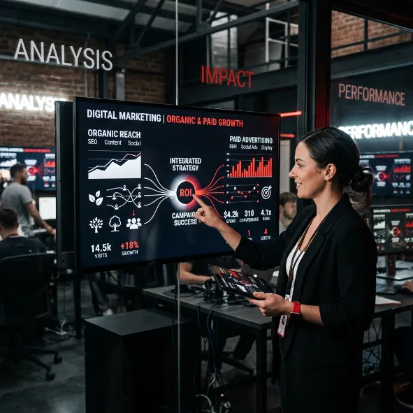 Ejecutiva señalando una pantalla con métricas de ROI y estrategia integrada de marketing digital.