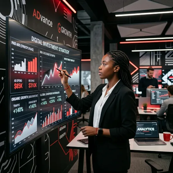 Especialista en marketing evaluando datos de inversión digital y crecimiento en una gran pantalla interactiva.