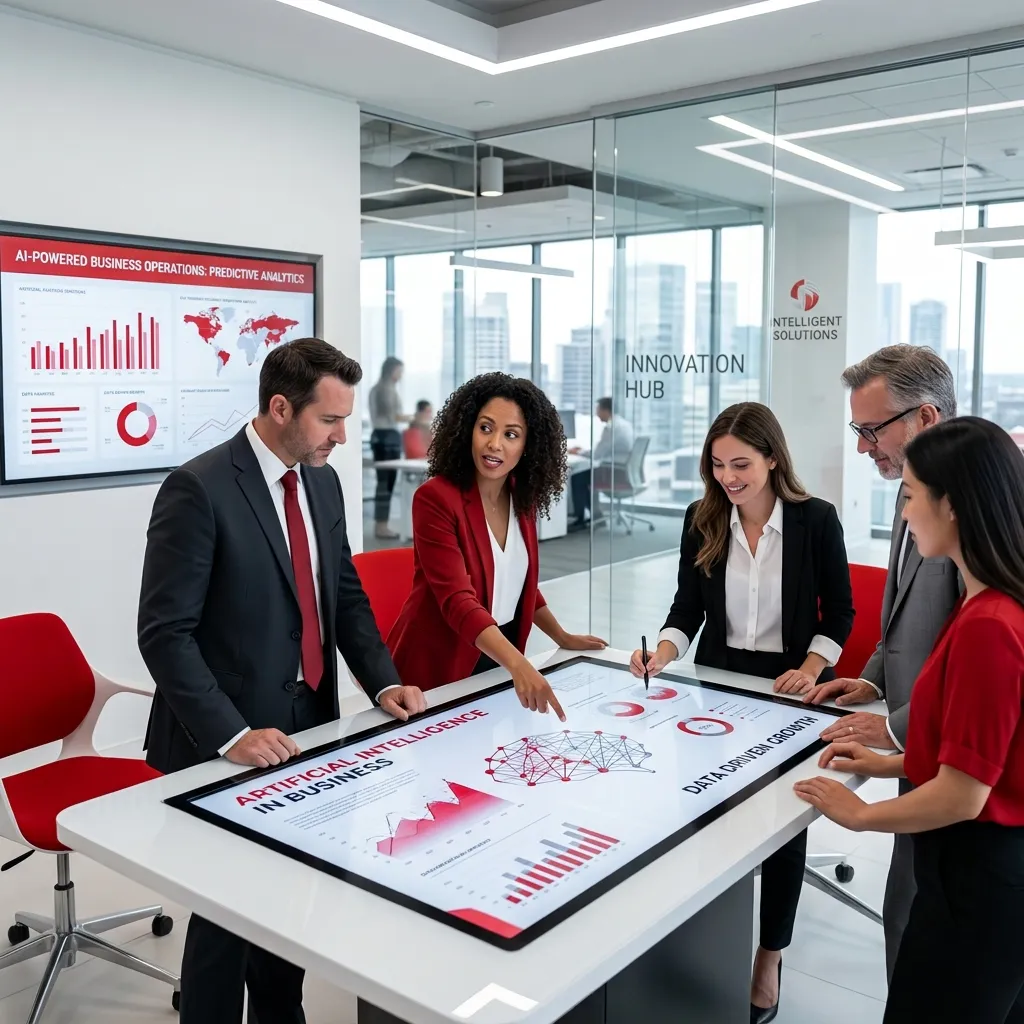Equipo corporativo reunido en torno a una mesa táctil digital interactiva que muestra gráficos de inteligencia artificial y crecimiento de datos.
