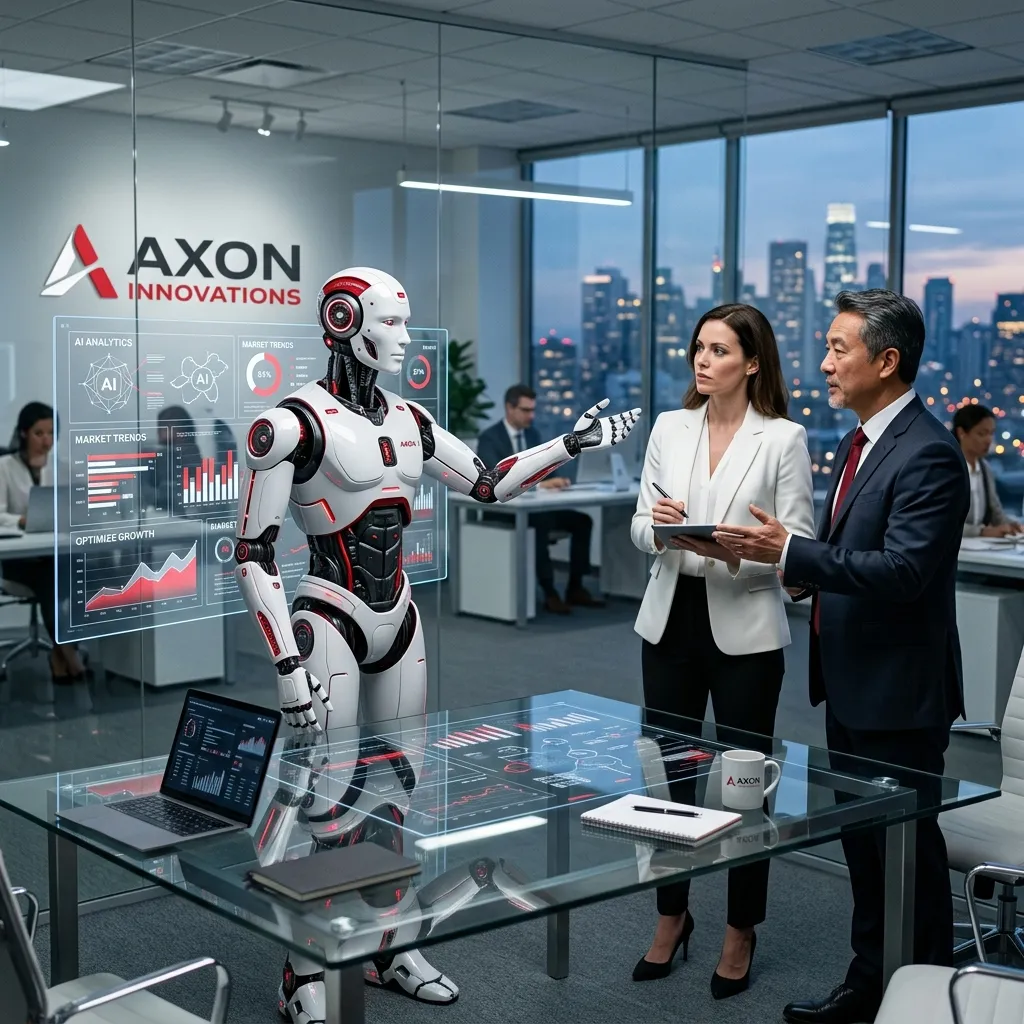 Robot humanoide interactuando con ejecutivos frente a una interfaz holográfica con métricas de inteligencia artificial en una oficina.