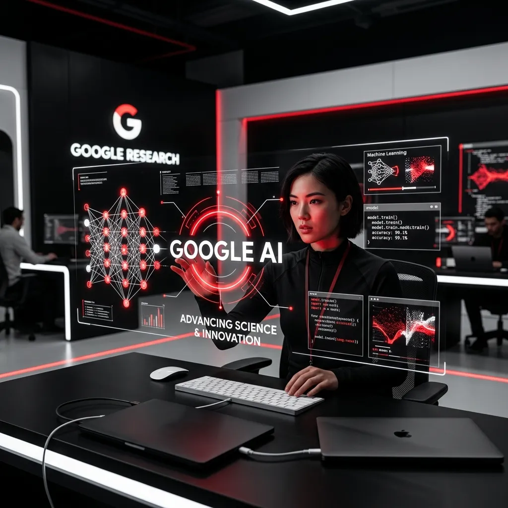 Una mujer investigadora en un laboratorio tecnológico interactuando con pantallas holográficas flotantes que muestran datos y diagramas de redes neuronales, bajo el logotipo de "Google Research".