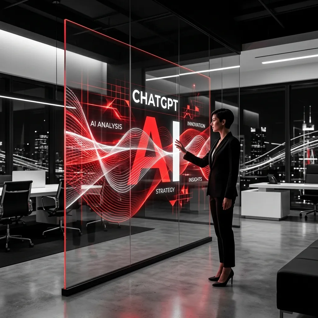 Una mujer de negocios interactuando con una gran pared de vidrio transparente que funciona como pantalla digital, mostrando el texto "CHATGPT" y visualizaciones de ondas de datos en rojo.