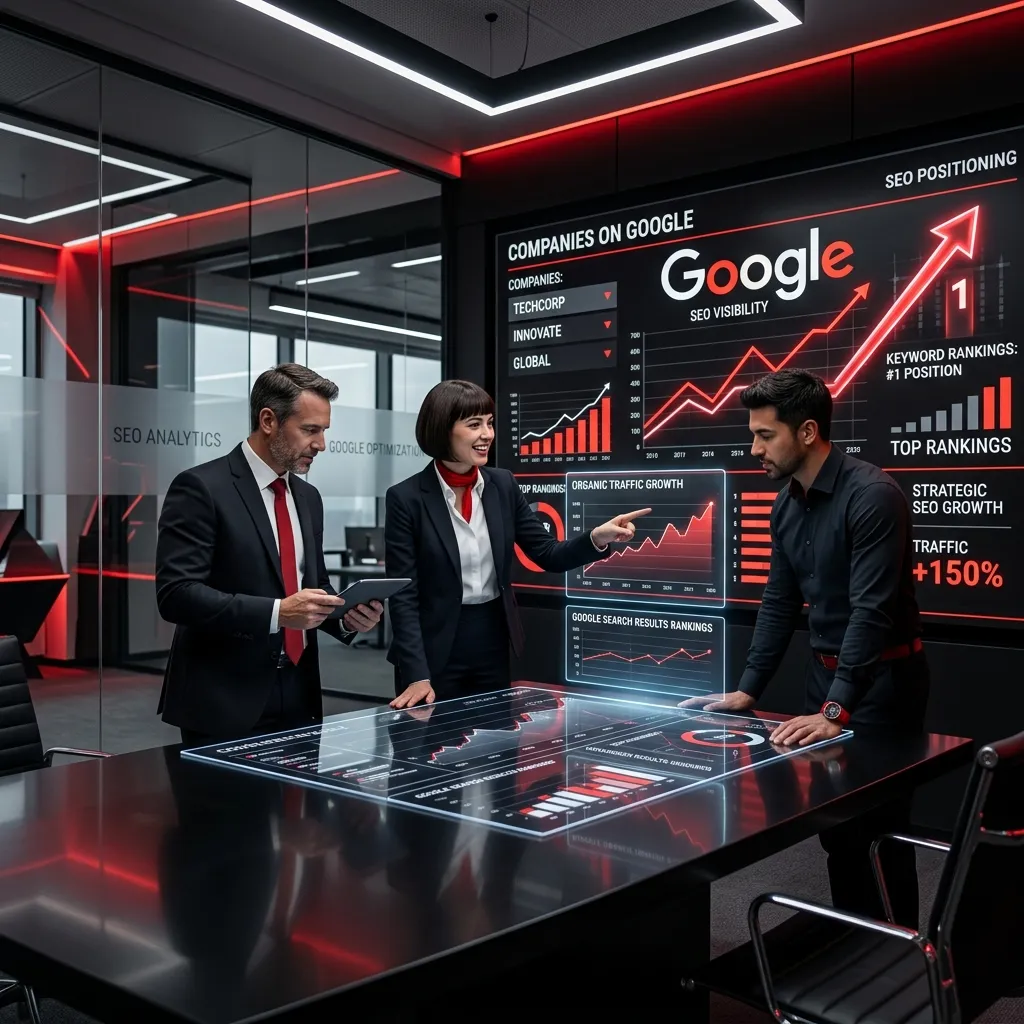 Tres profesionales de negocios analizando métricas de visibilidad y tráfico orgánico en una mesa táctil y una pantalla de Google SEO.