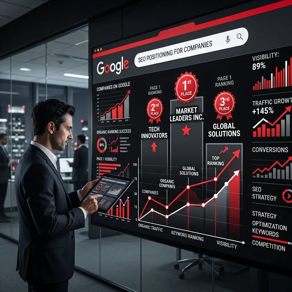 Ejecutivo en traje interactuando con una tableta frente a una gran pantalla digital que muestra rankings de empresas en Google.