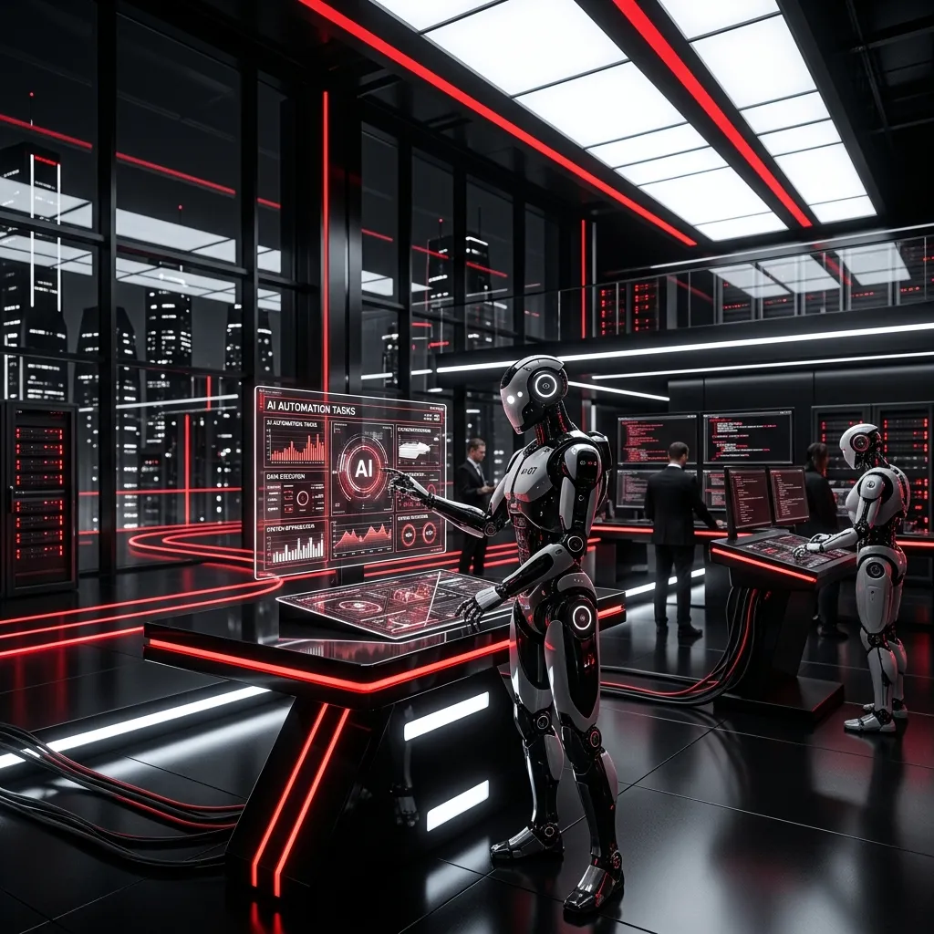 Robot humanoide en un centro de datos operando un panel táctil interactivo con tareas de automatización por inteligencia artificial.