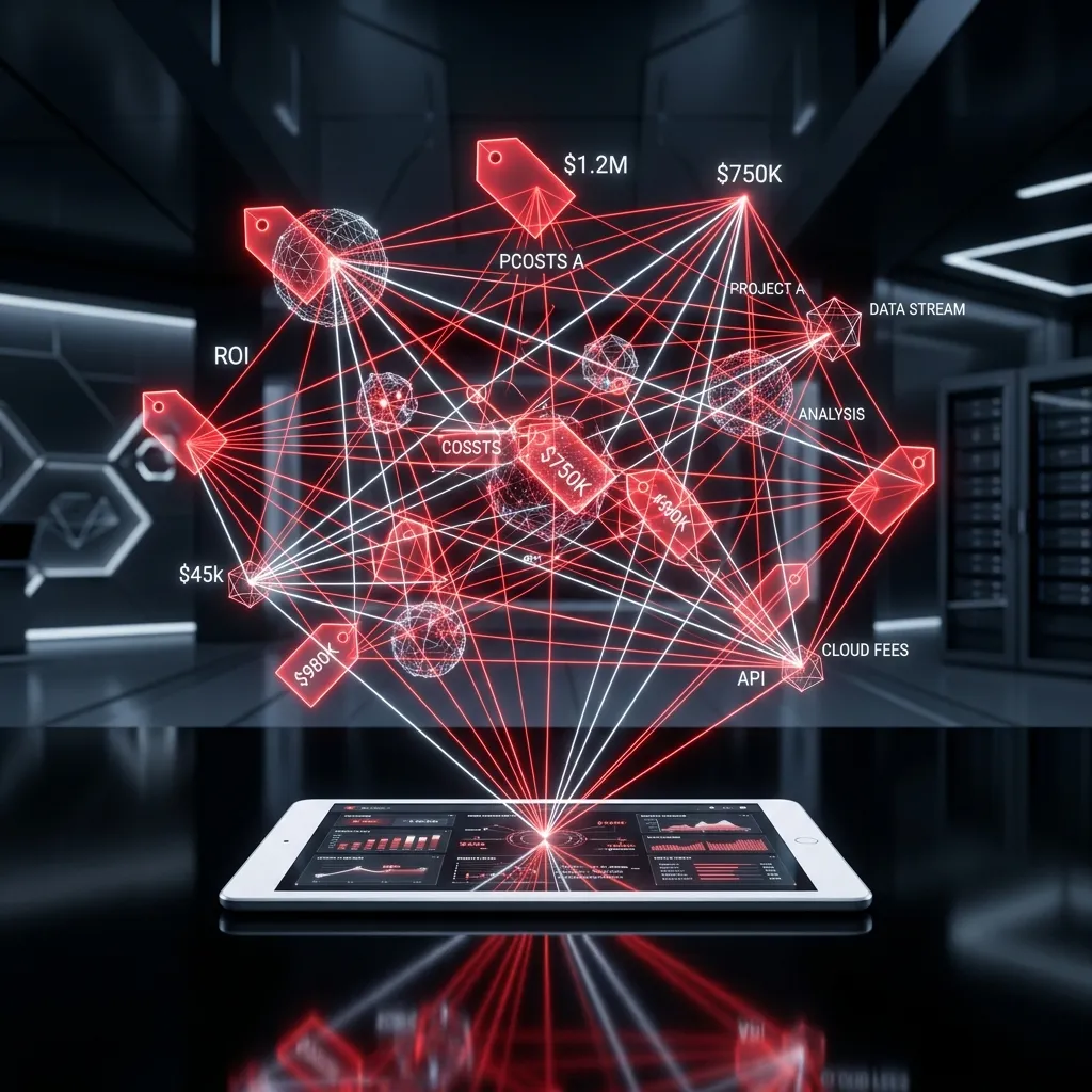 Tableta digital proyectando una red tridimensional de etiquetas de precios, costos y métricas financieras en un servidor futurista.