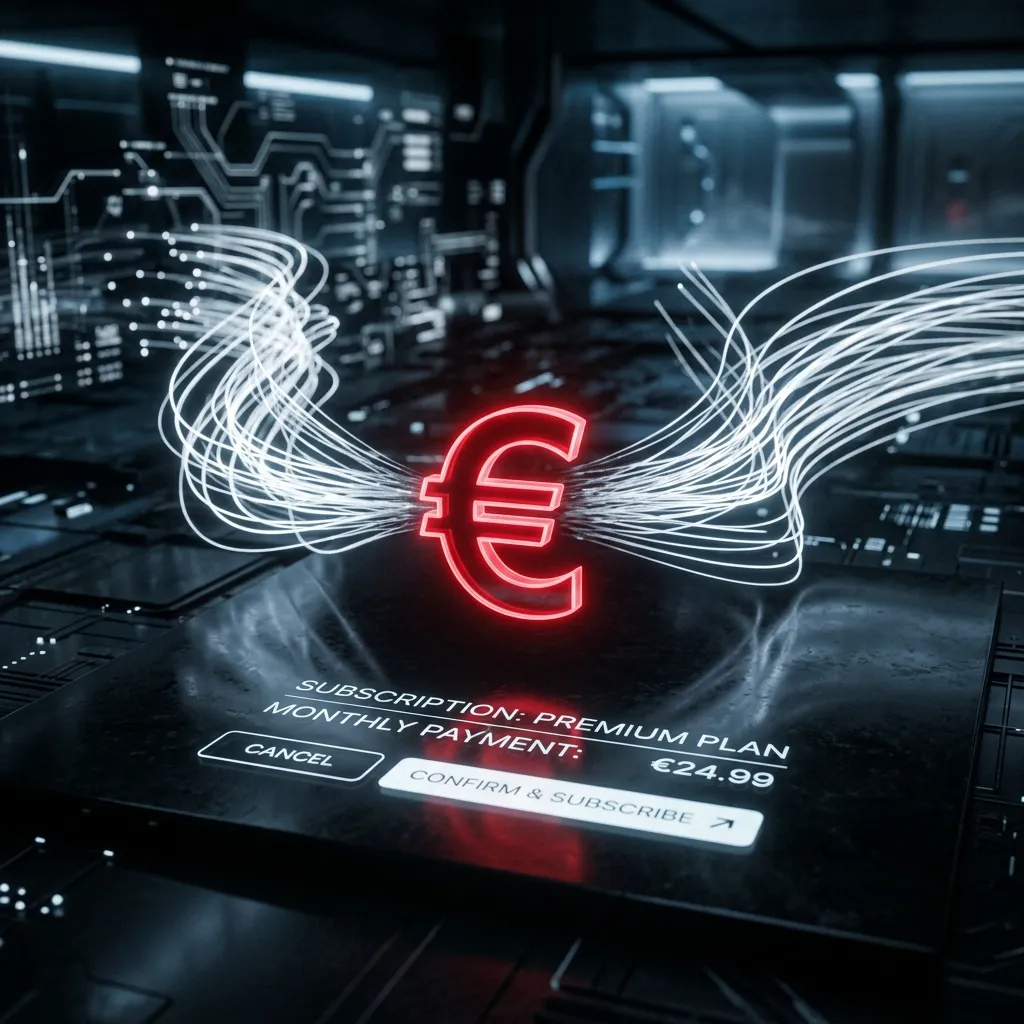 Símbolo de euro luminoso rodeado de haces de luz sobre una interfaz de pago de suscripción mensual.