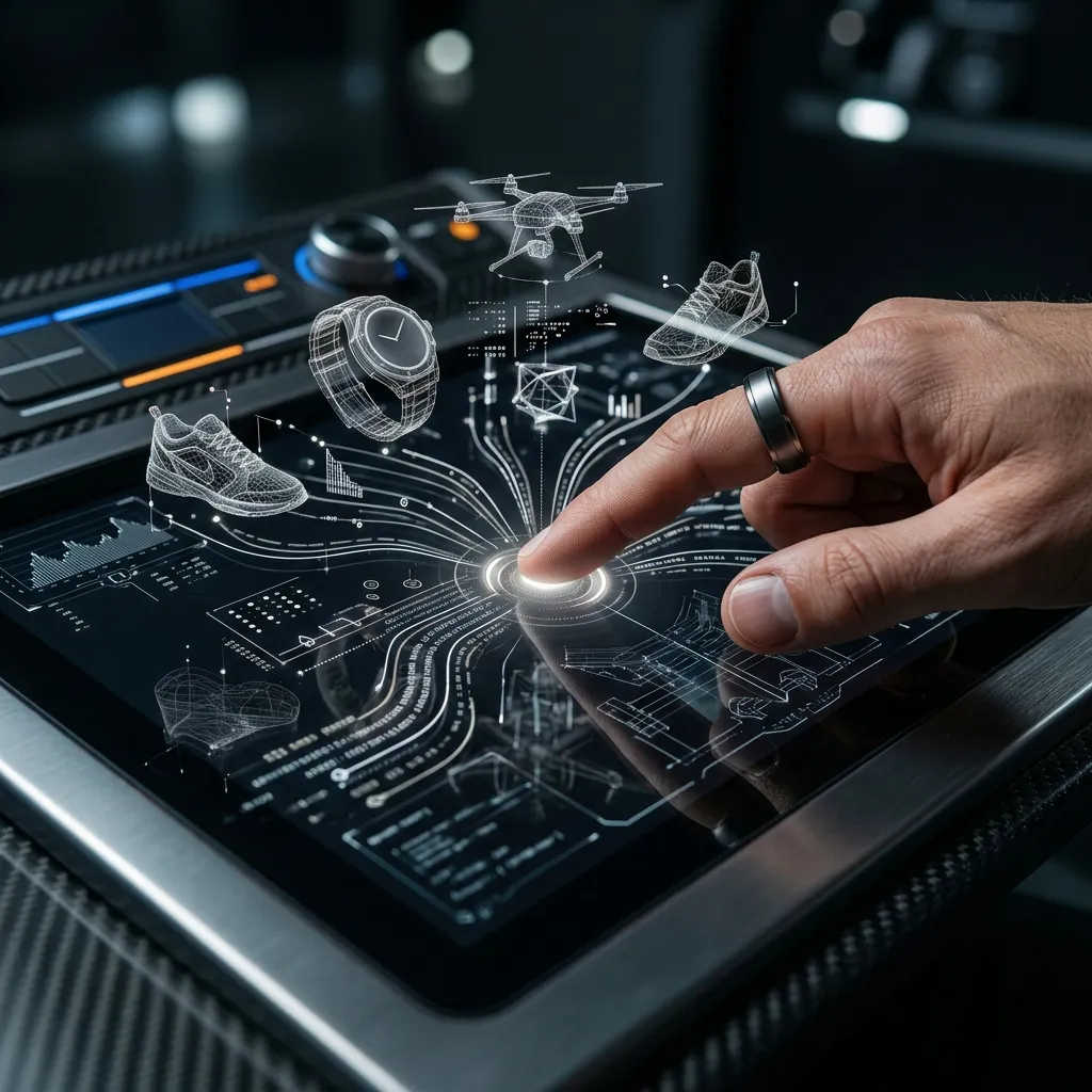 Persona interactuando con una pantalla táctil que muestra modelos tridimensionales de productos e indicadores de comercio electrónico.