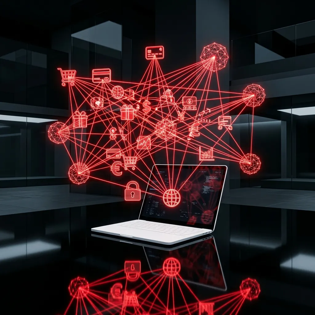 Computadora portátil proyectando una red holográfica de iconos de comercio electrónico, seguridad y tarjetas de crédito.